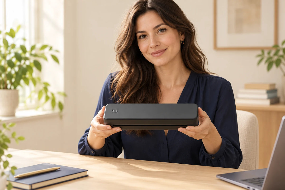 Adult holding a compact black inkless printer in a home office