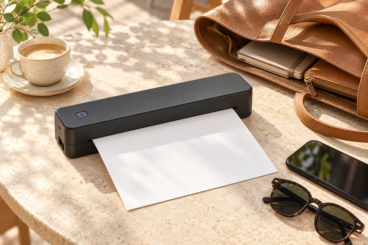 Black portable printer beside a leather work bag and phone