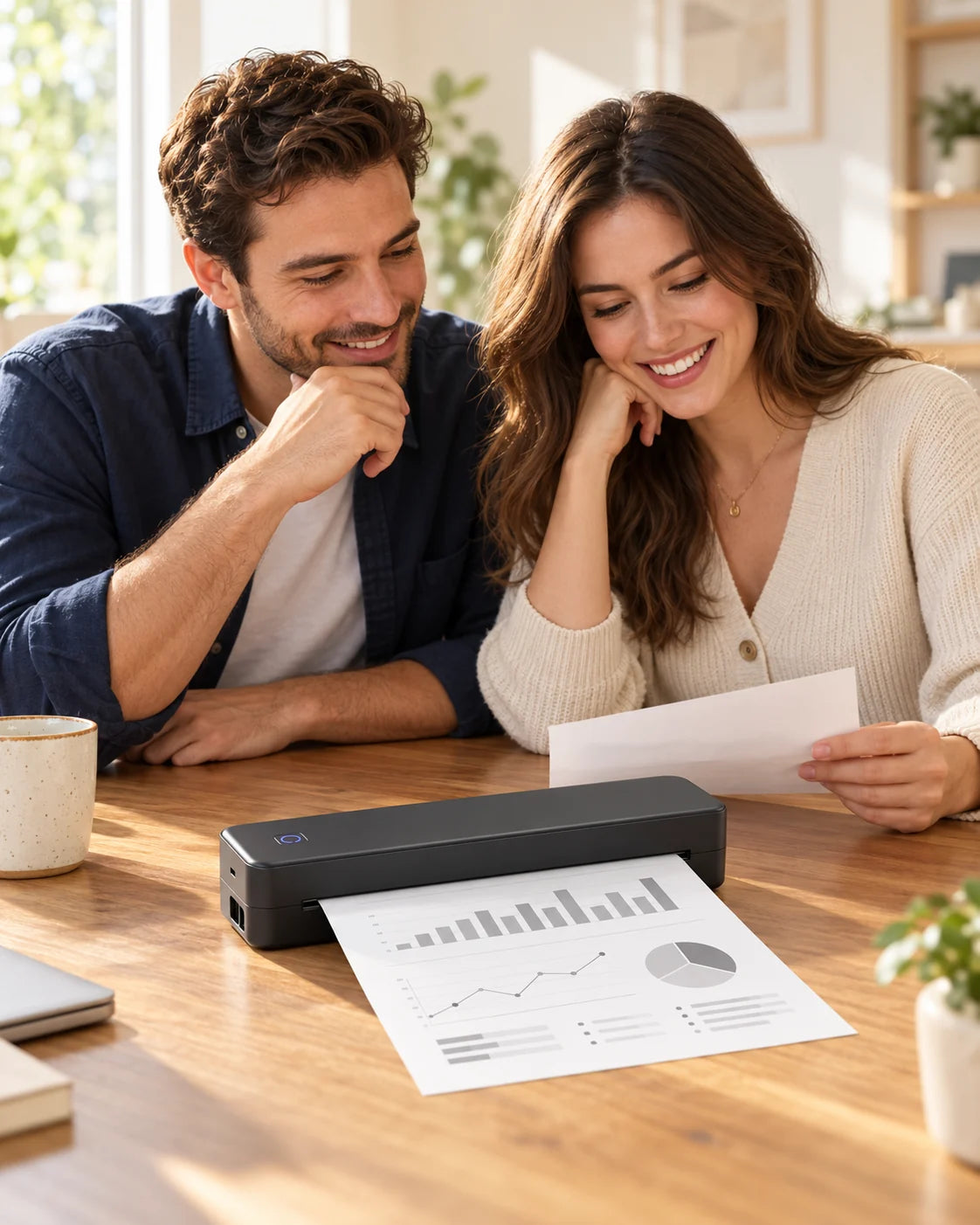 Portable black inkless printer on a table in a home workspace